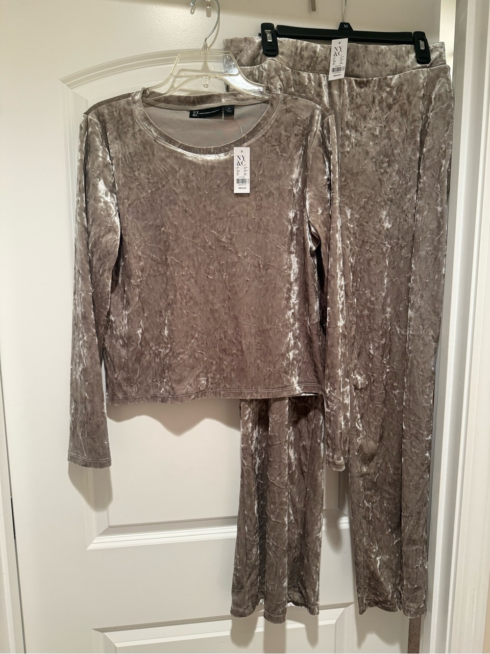 New York & Company Two-Piece Set Crushed Velvet Top and Pants in Taupe